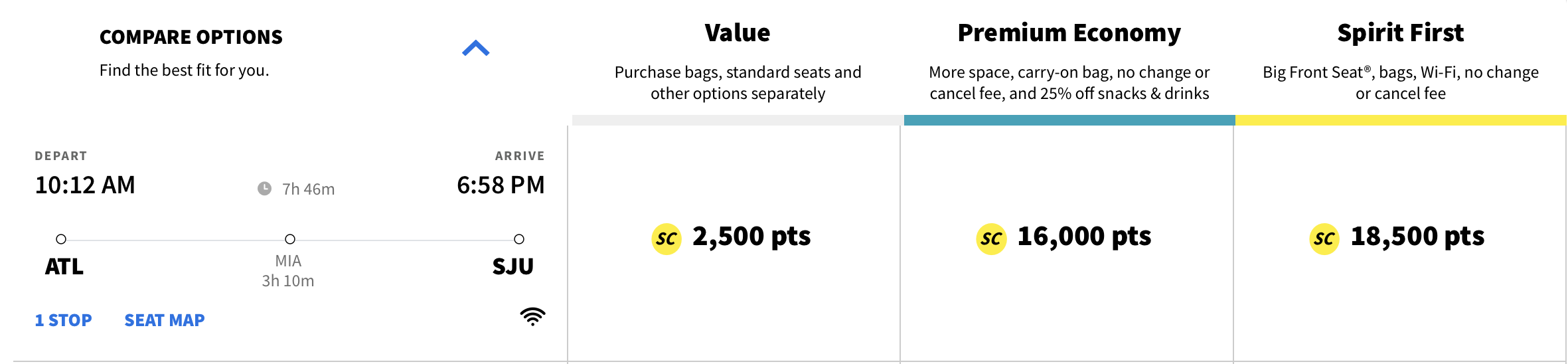 A screenshot of a flight from ATL to SJU for 2,500 Free Spirit points. 