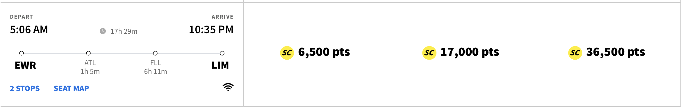 Screenshot of flight from EWR to LIM for 6,500 points