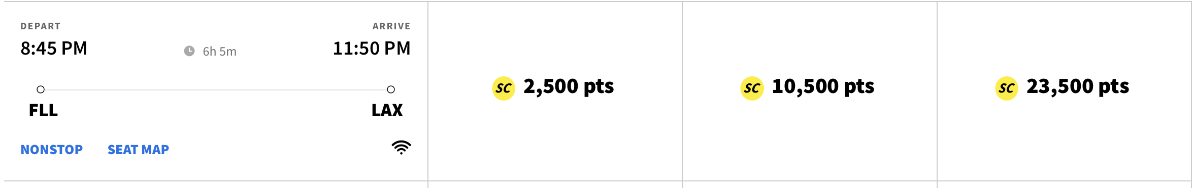 Screenshot of a flight from FLL to LAX using 2,500 Free Spirit points