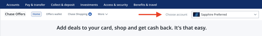 screenshot of the Chase Offers page where you can select the card you want to see offers for