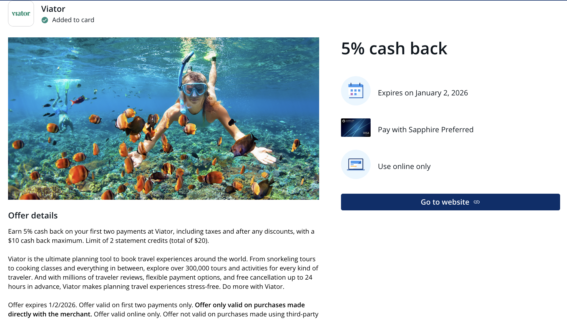 screenshot showing a chase offer for Viator added to an account