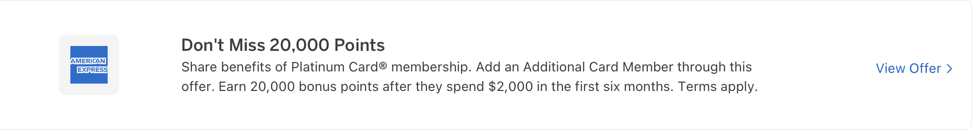 Screenshot of an Amex Offer for 20,000 bonus points when adding an authorized user. 