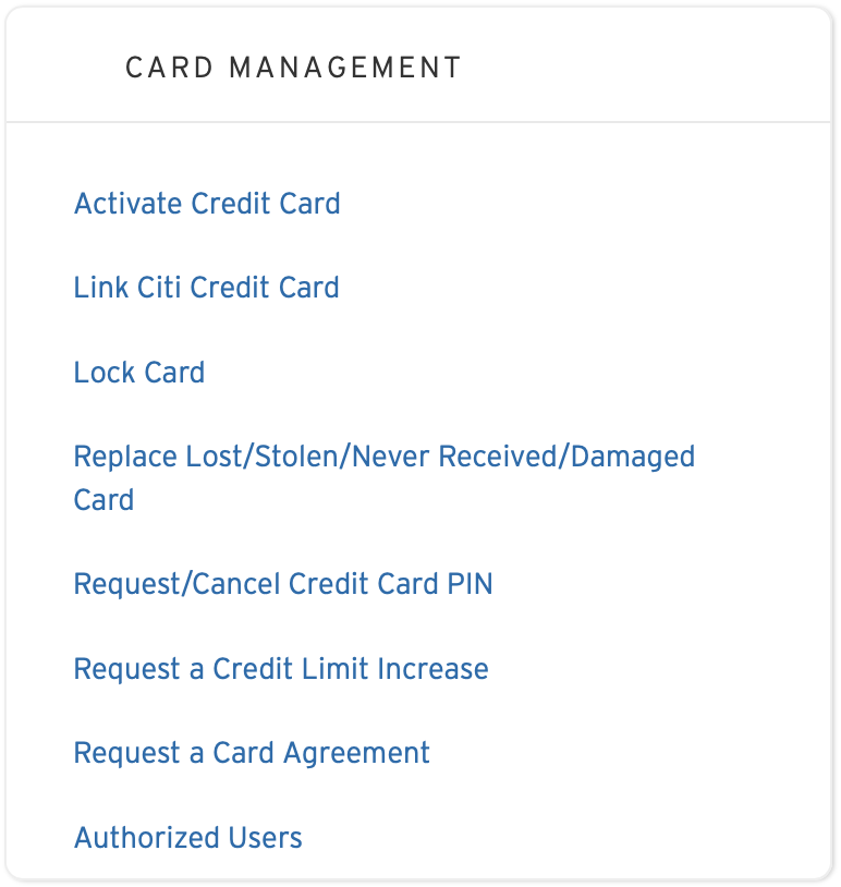 Screenshot of the Card Management menu on the Citi website