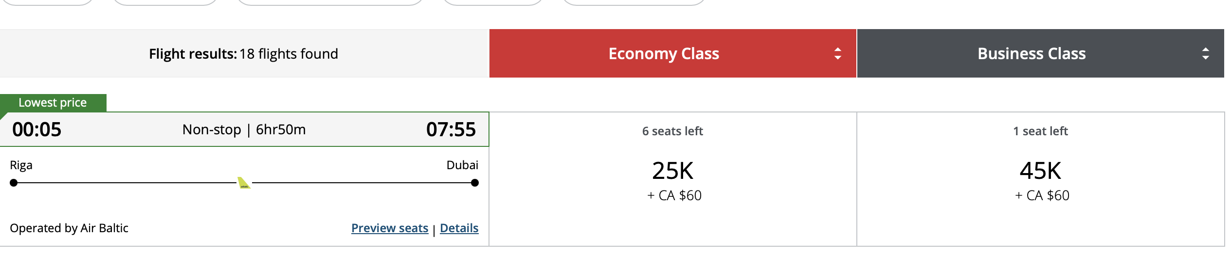 A screenshot of a flight from RIX to DXB using Aeroplan points