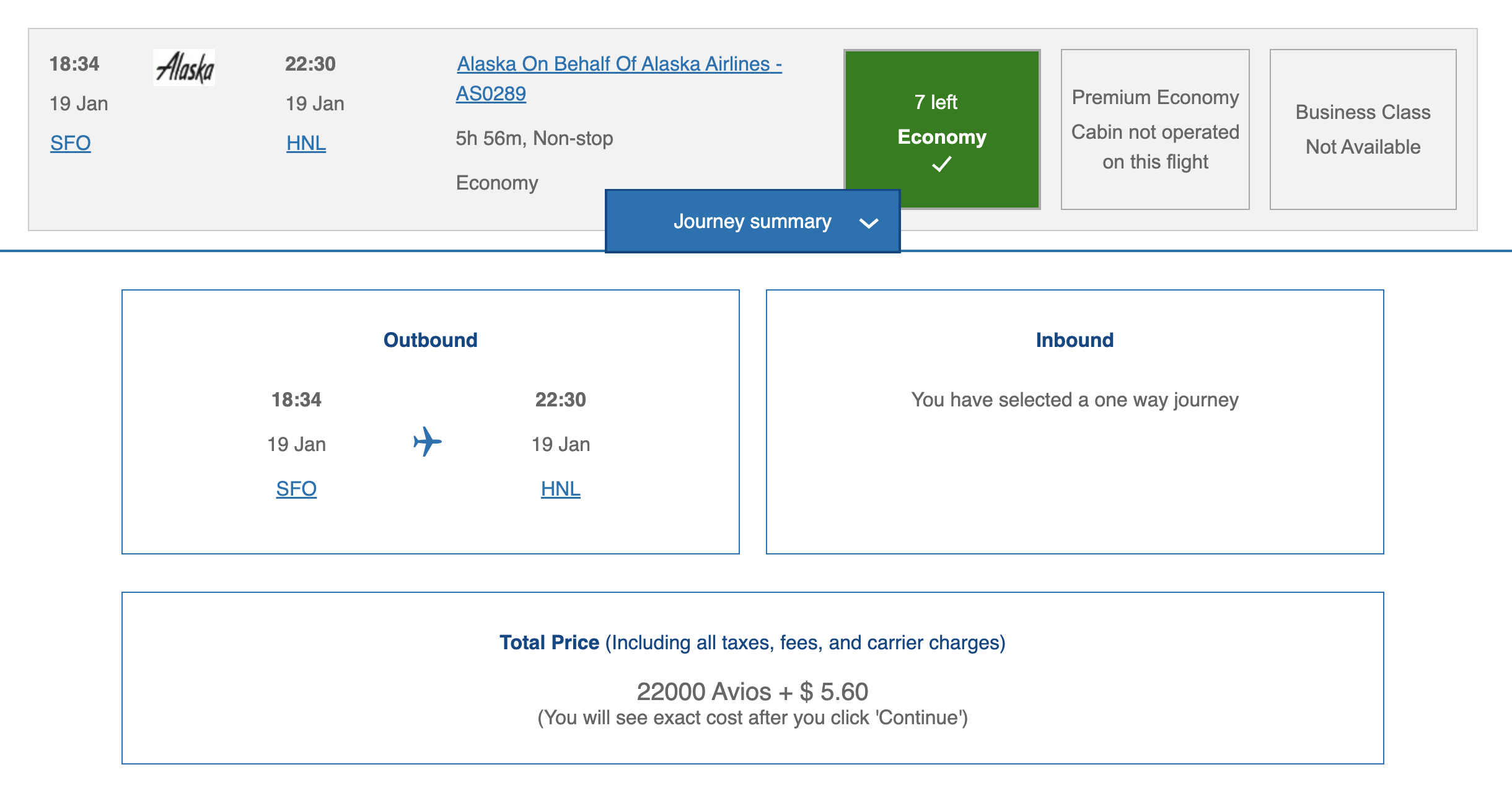A screenshot from the British Airways website showing an Avios award redemption priced at 22,000 Avios and $5.60 in taxes and fees