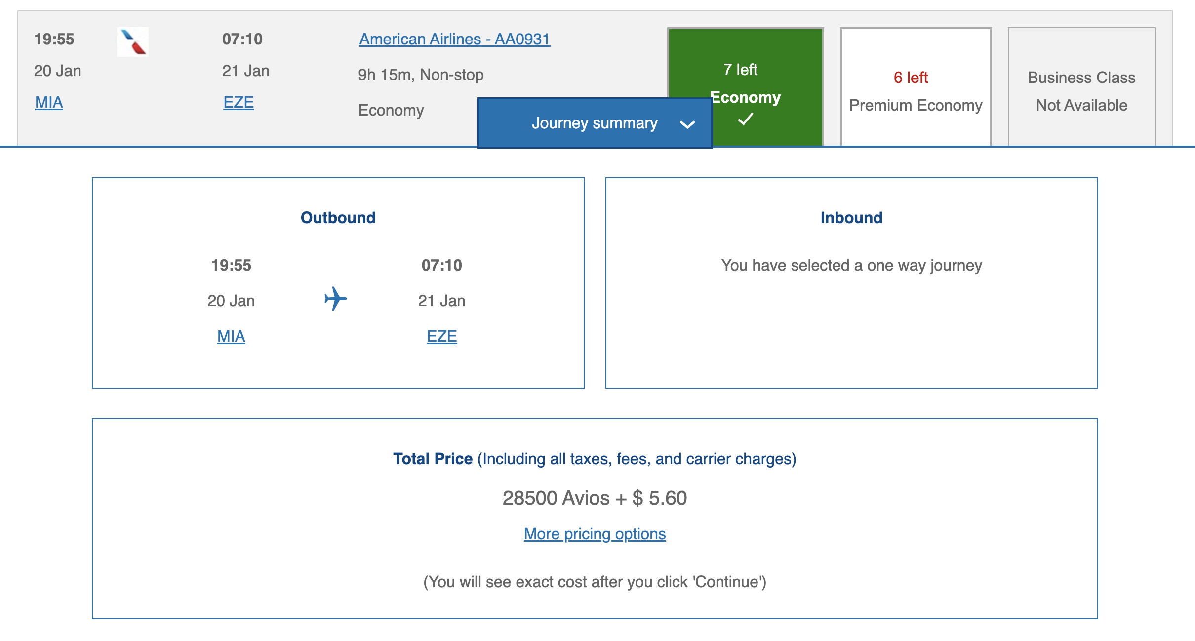 A screenshot from the British Airways website showing an award flight from Miami to Buenos Aires for just 28,500 Avios and $5.60 in taxes and fees