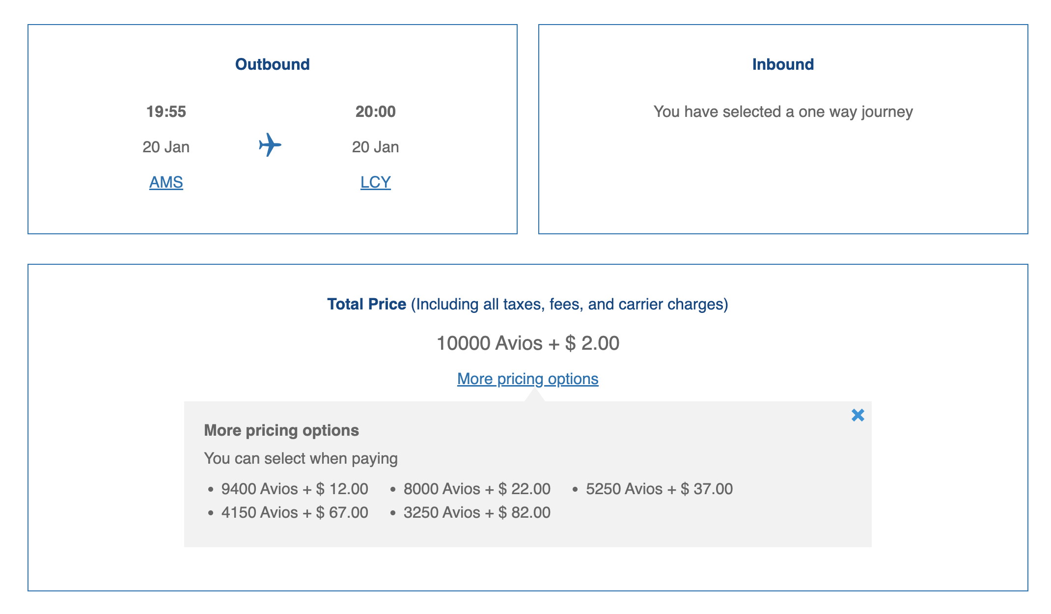 A screenshot from the British Airways website showing the various Avios and Cash redemption combinations for a flight from Amsterdam to London