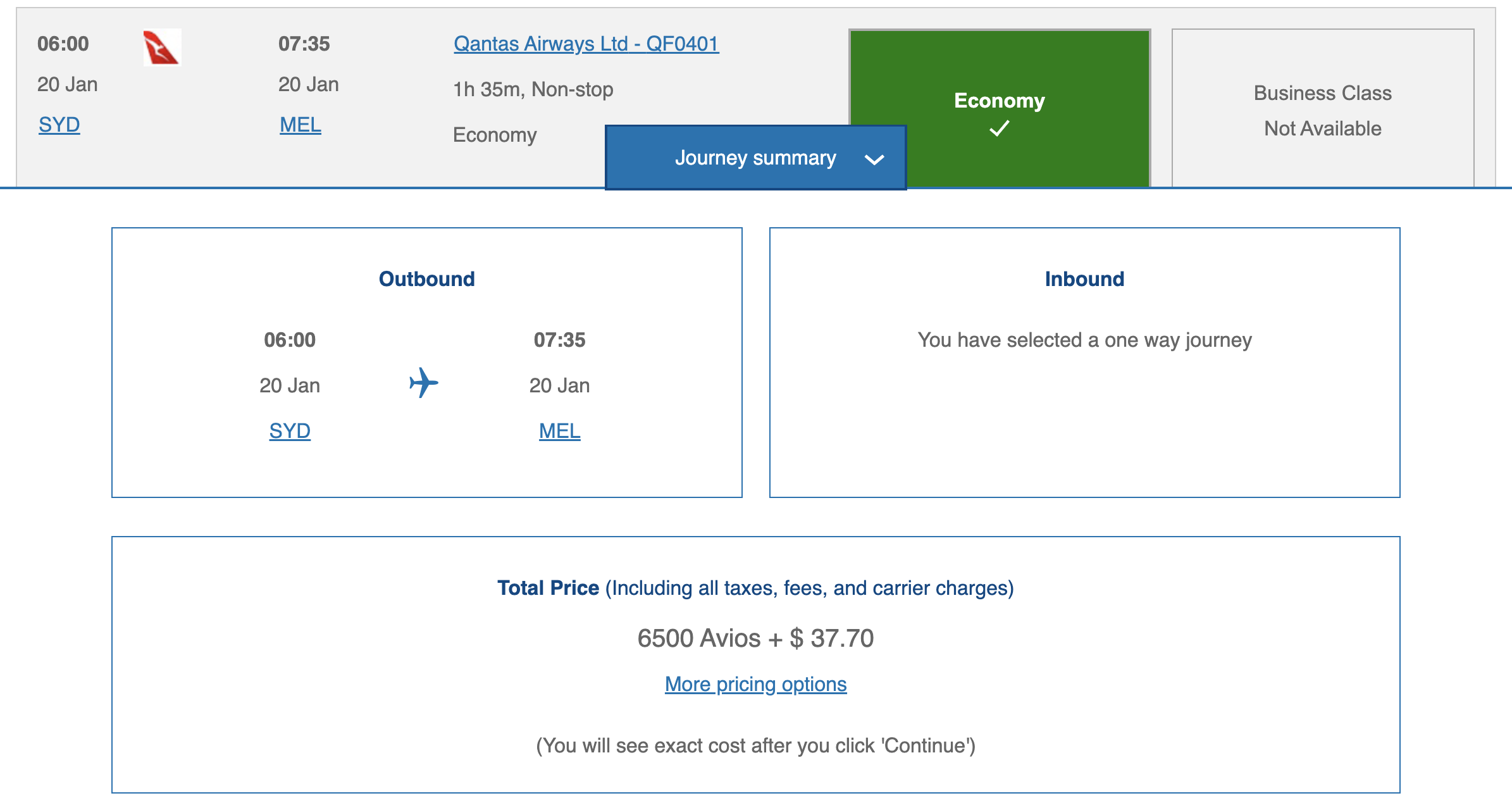 A screenshot of British Airways' website showing an award redemption from Sydney to Melbourne, Australia from 6,500 Avios and around $38 in taxes and fees