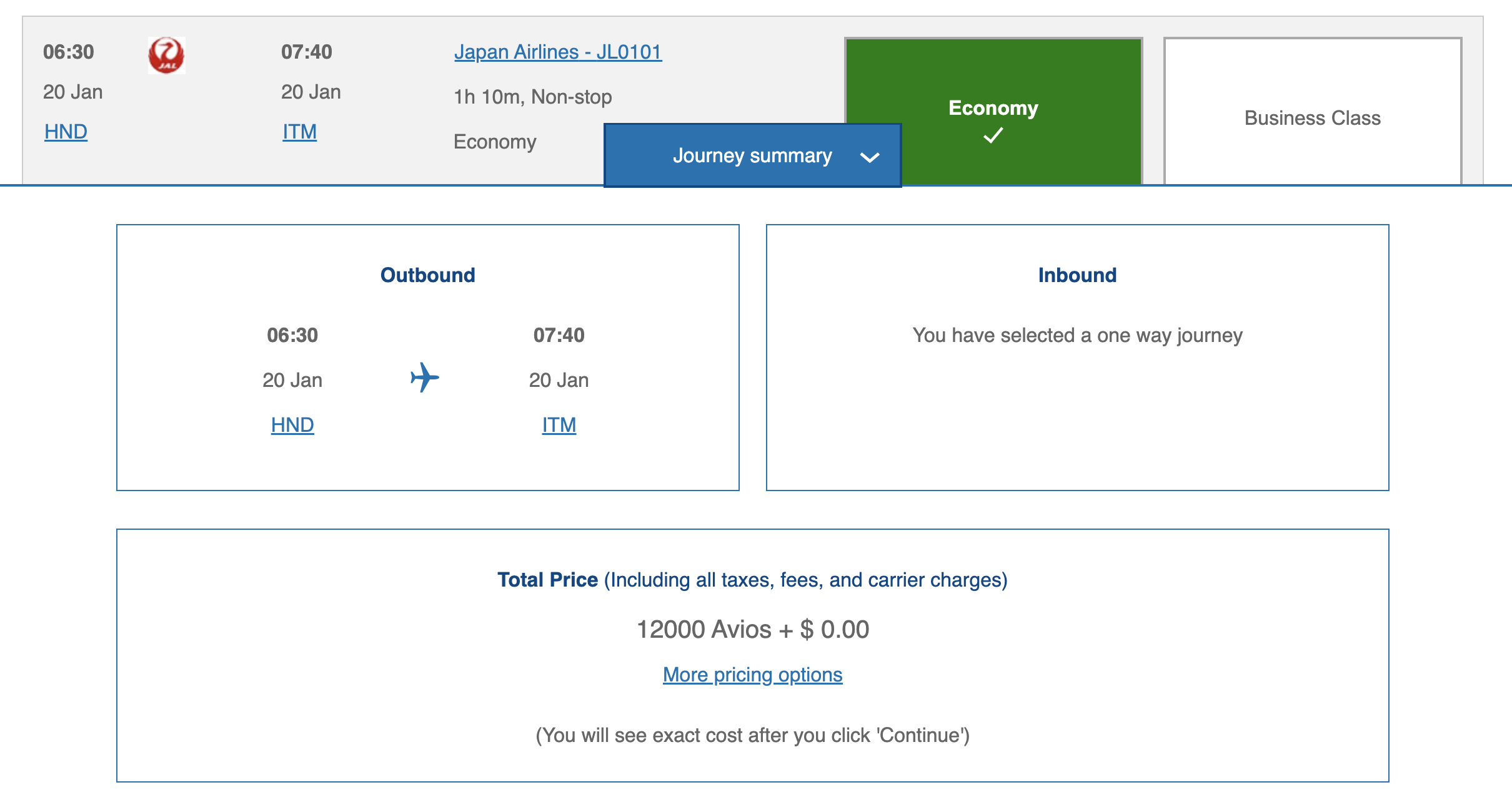 A screenshot showing a British Airways award redemption on Japan Airlines for 12,000 Avios and no taxes, fees, or surcharges