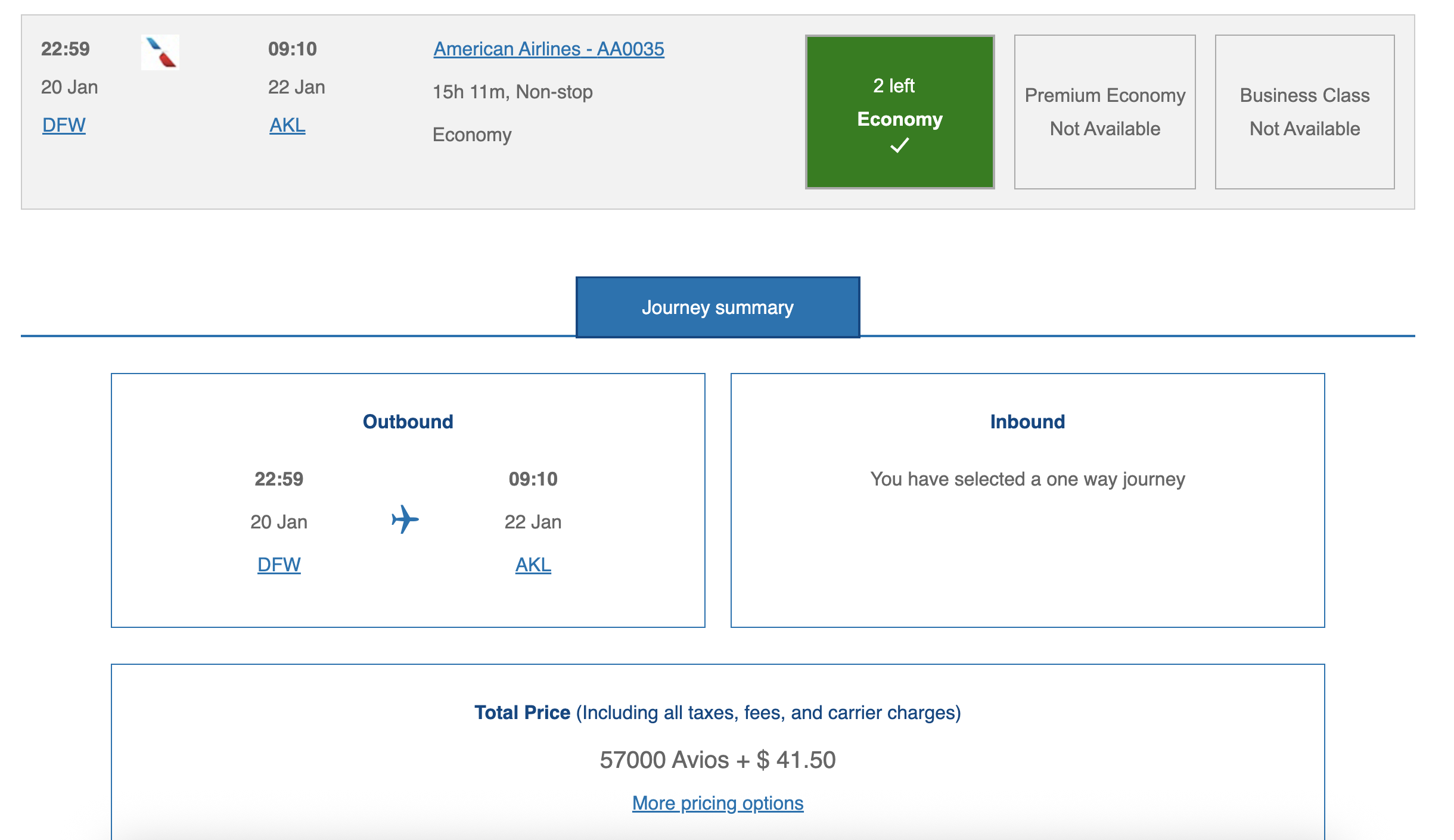 An Avios redemption for an American Airlines flight from Dallas to Auckland for 57,000 Avios and just $41.70 in taxes and fees