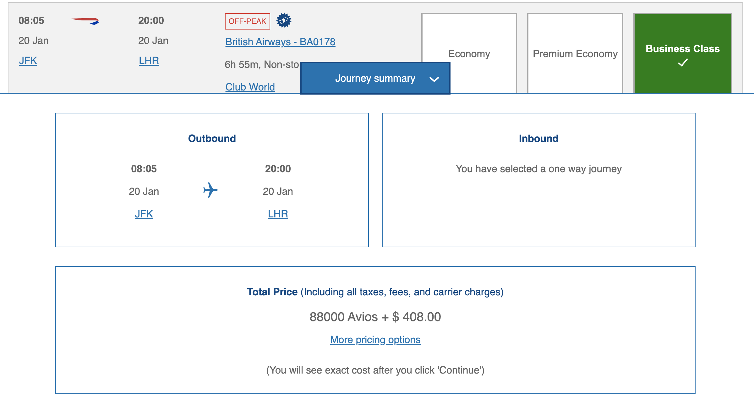 A screenshot showing a British Airways Avios award redemption for a flight between New York City and London priced at 88,000 points and $408 in taxes and fees