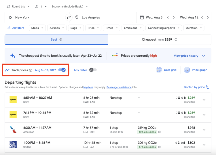 Google flights search with a red square around the button to track prices