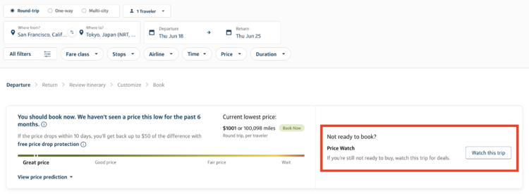 screenshot of Capital One Travel highlighting price drop notification and booking recommendations