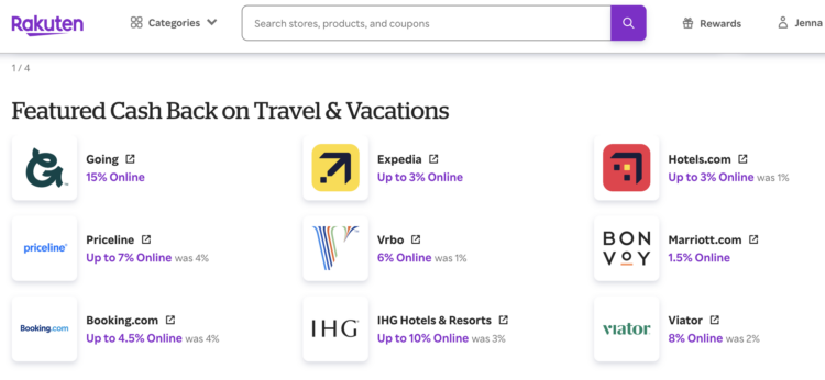 screenshot showing elevated percent back offers for travel options through Rakuten