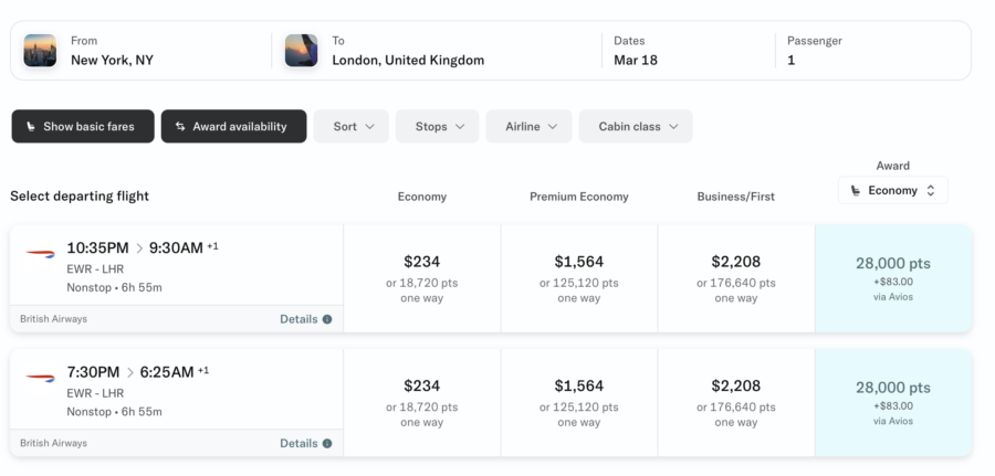 Bilt search with award availability enabled 