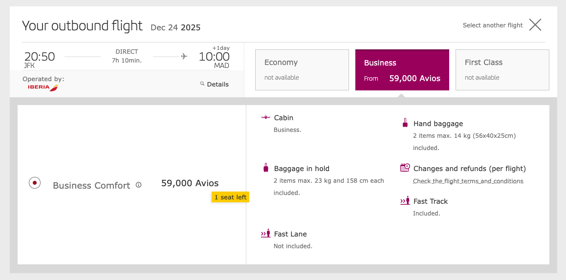 A screenshot showing an Iberia award flight from New York to Madrid for 59,000 Avios