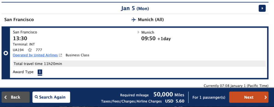 ANA award search result from San Francisco to Munich in United Polaris business class
