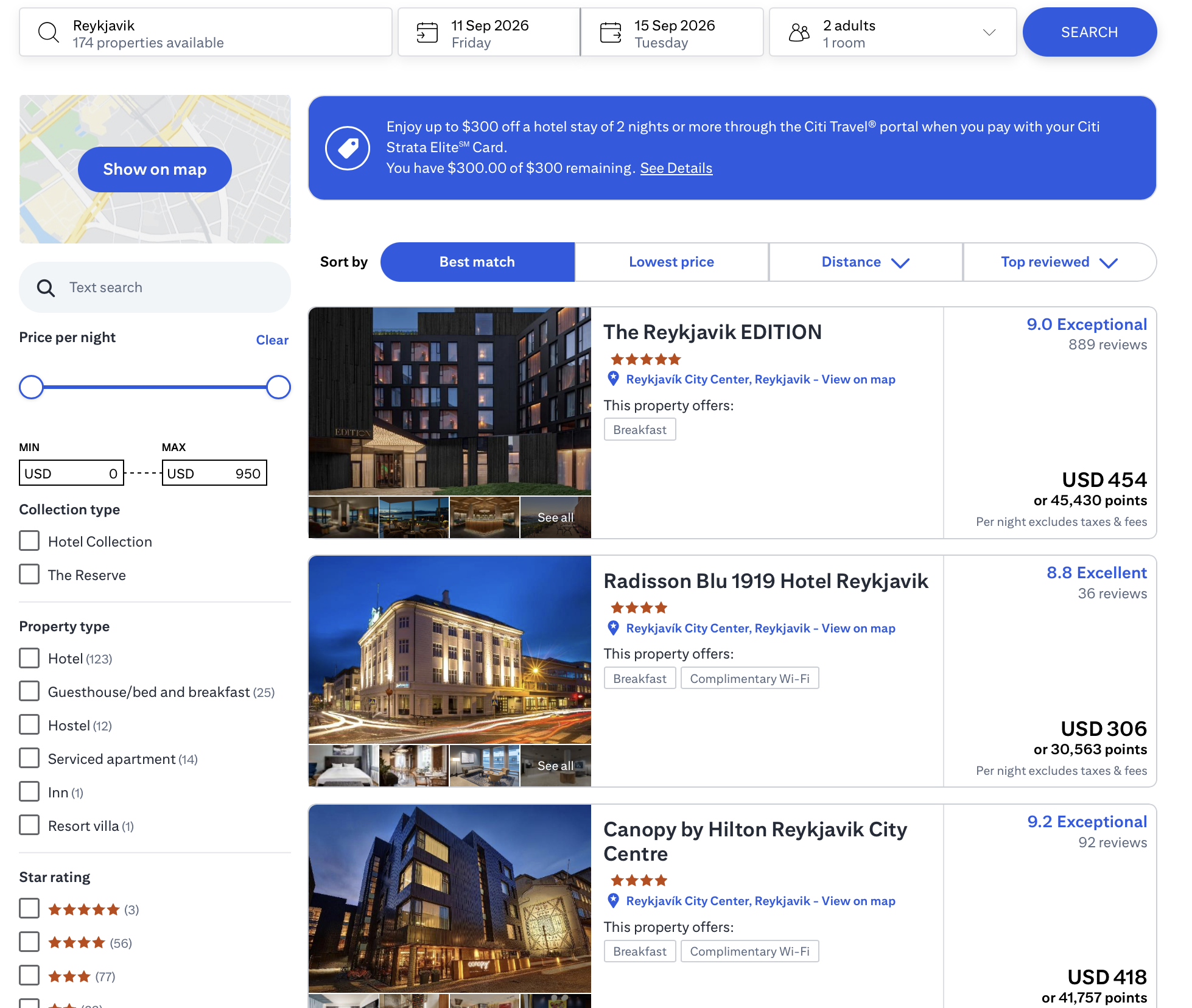 Citi Travel results for hotels in Reykjavik in September 2026