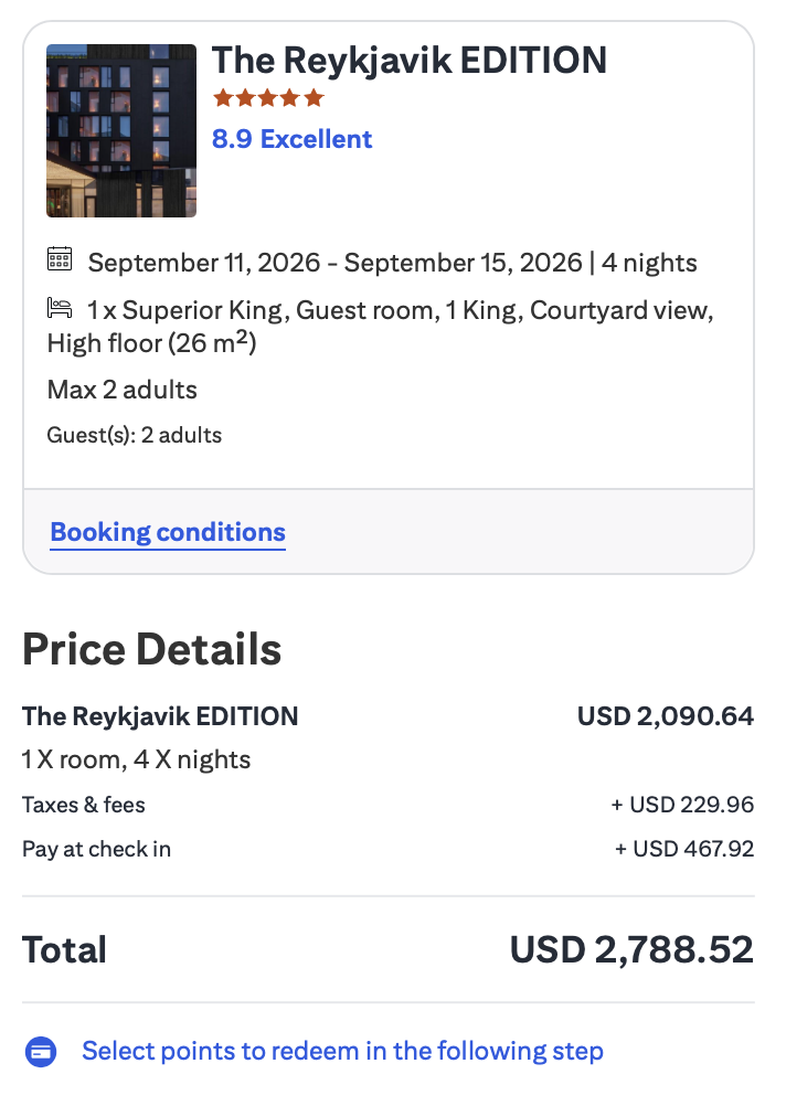 Screenshot of cost for a 4-night stay at The Reykjavik EDITION through Citi Travel