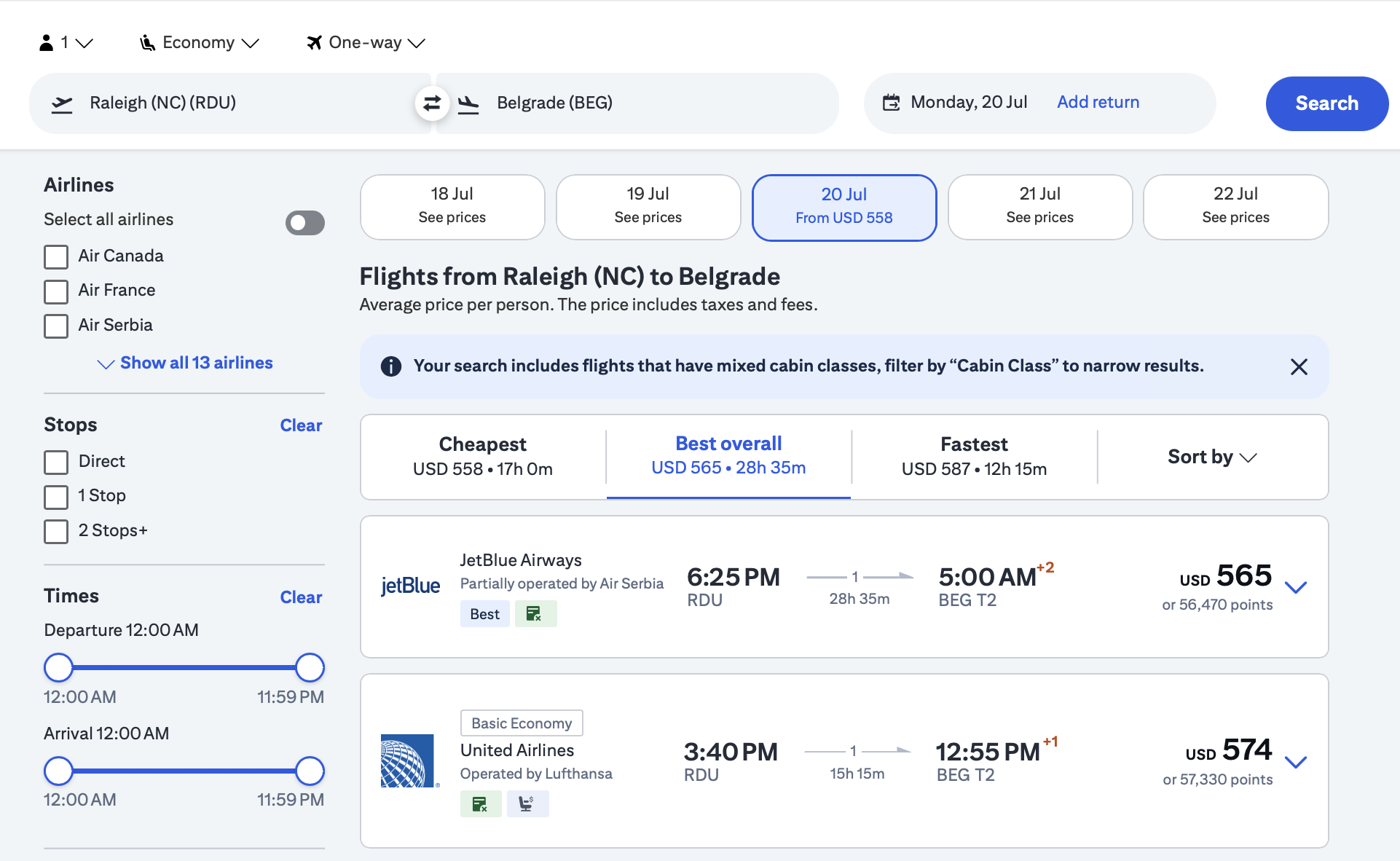 Flight results from RDU To BEG through Citi Travel