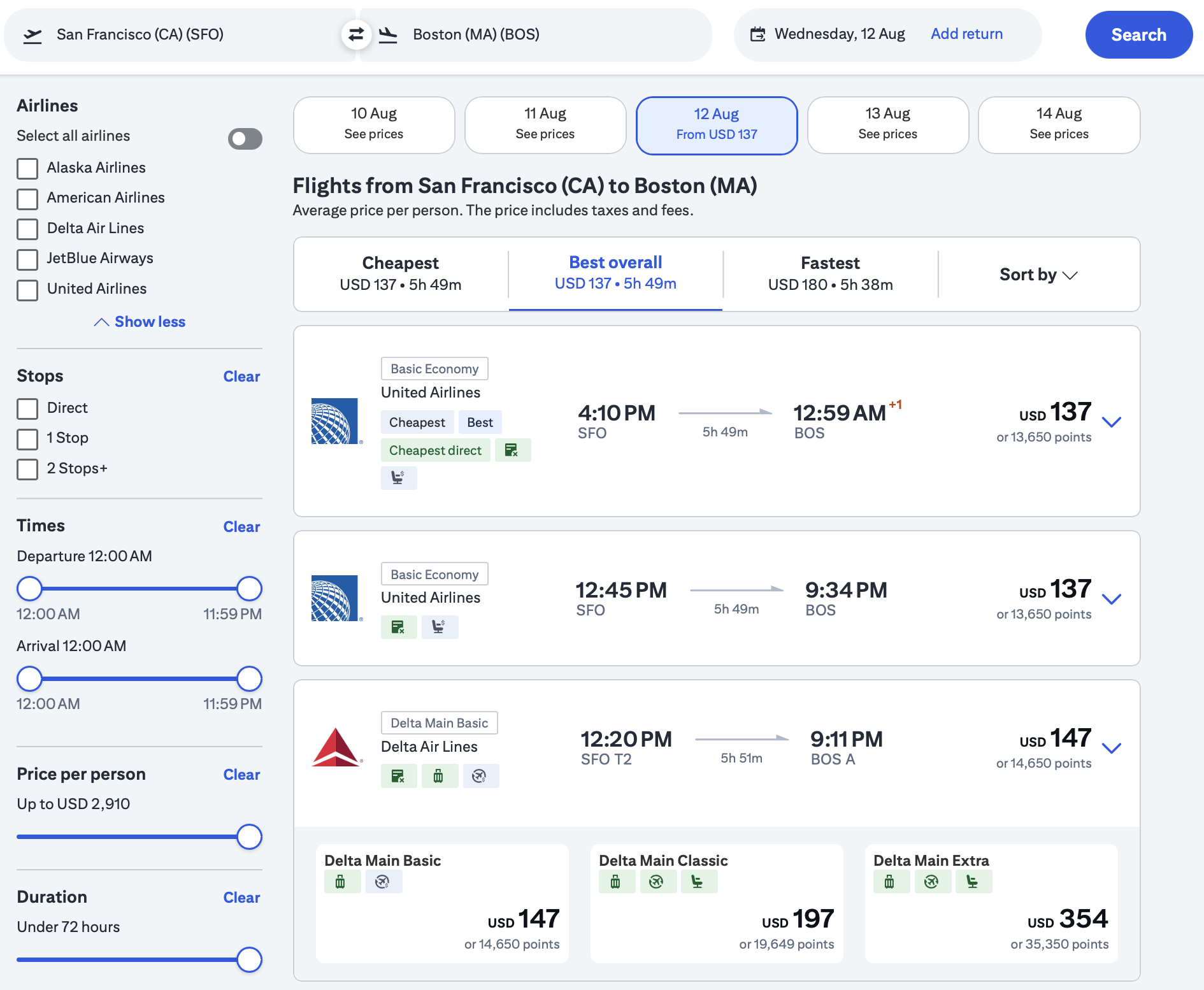 Citi Travel flight options showing basic economy 