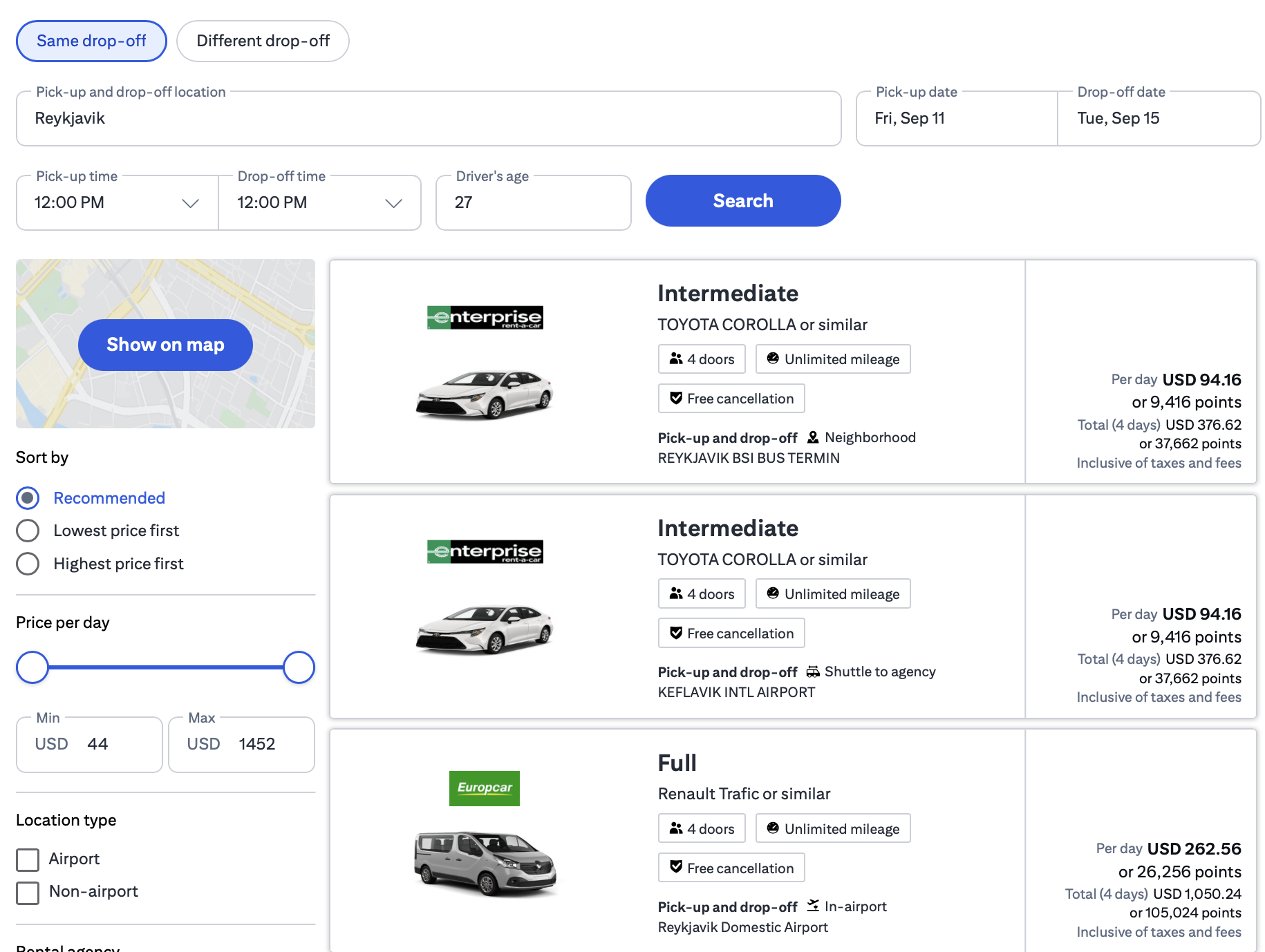 Sample Citi Travel rental car search results 