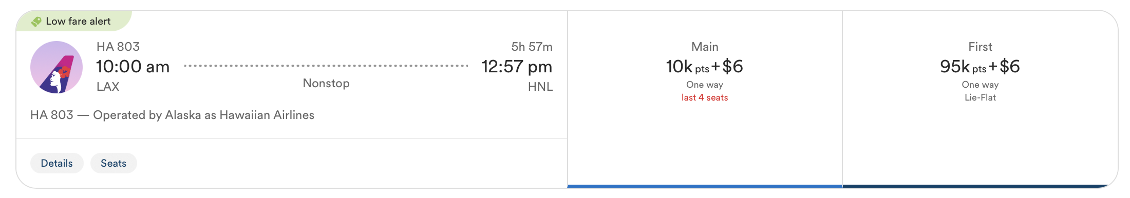 Screenshot of Alaska Airlines flight results
