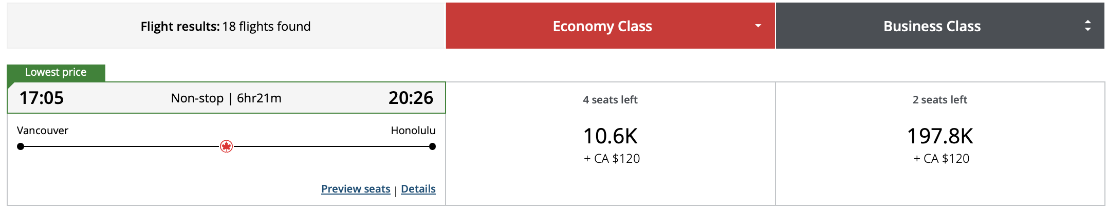 Screenshot of Air Canada flight results