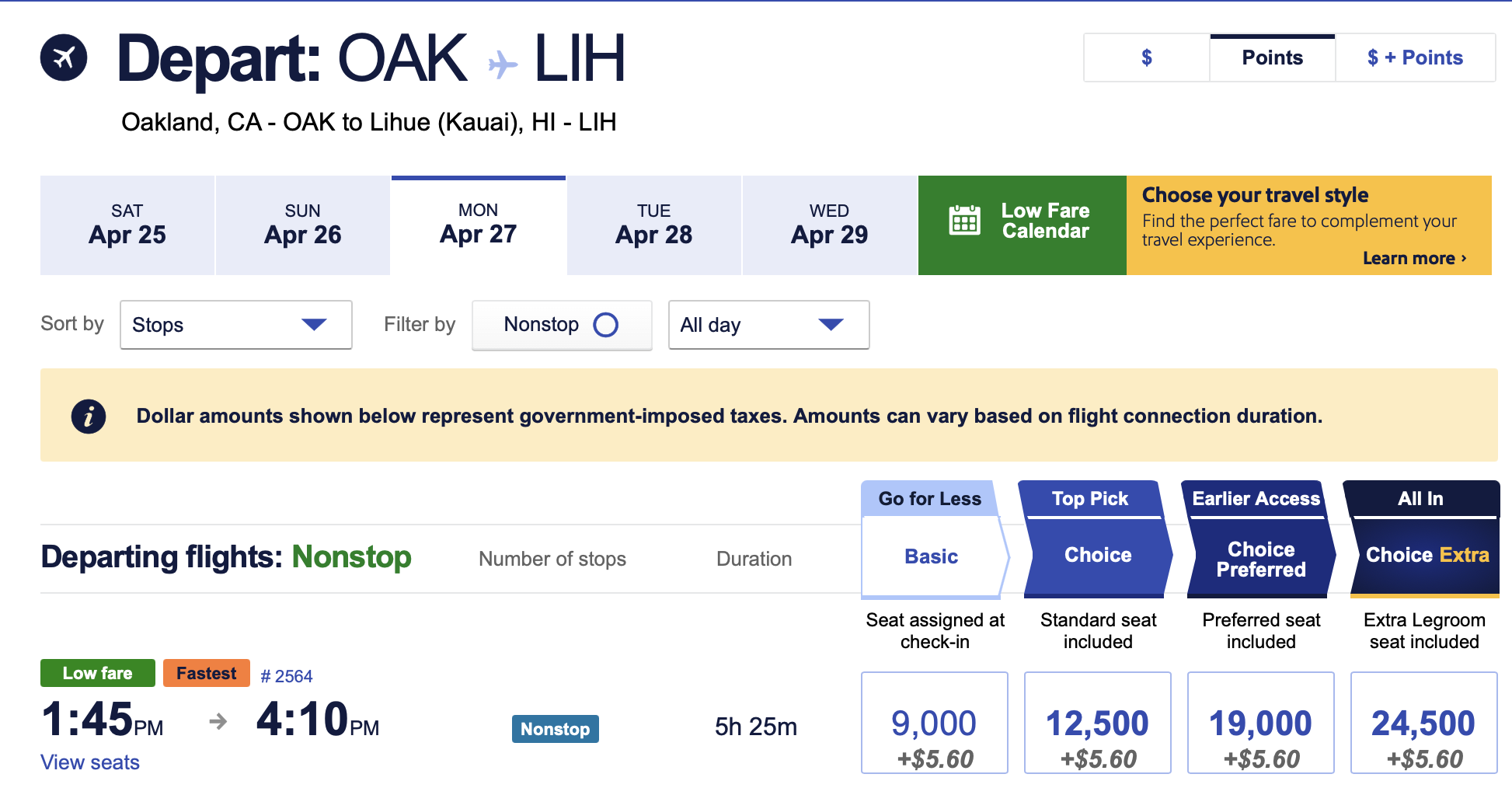 Screenshot of Southwest search results