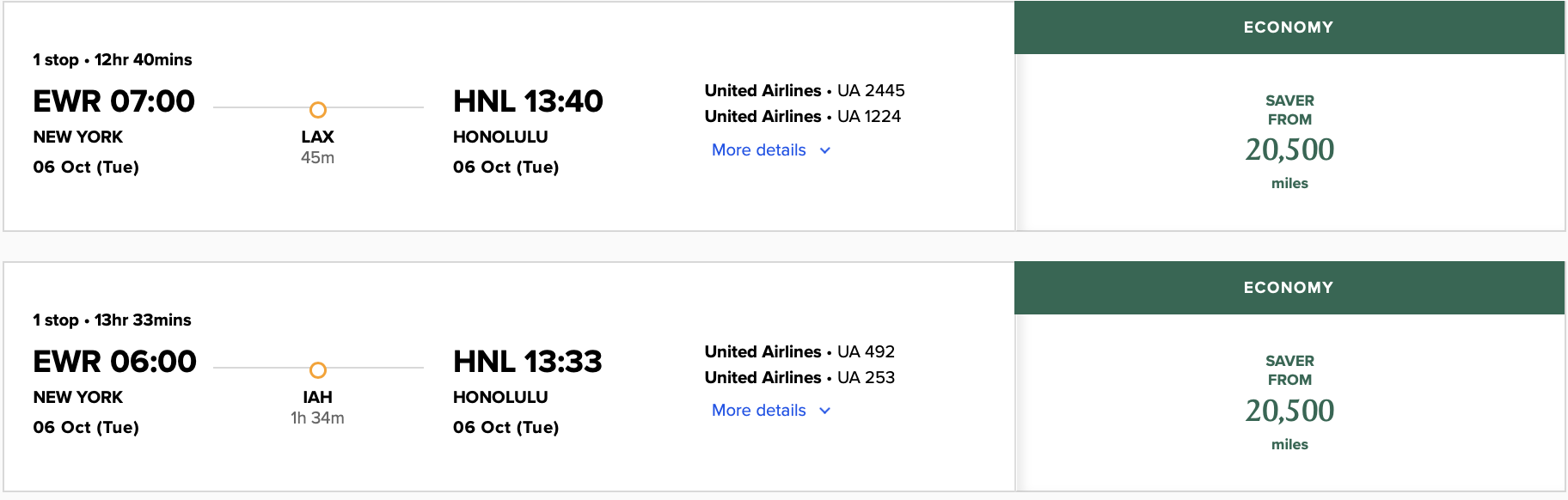 Screenshot of Singapore Airlines flight results