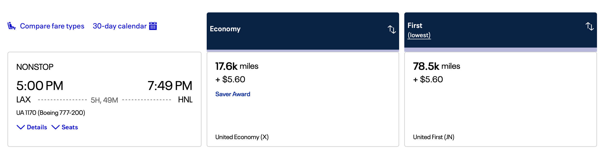 Screenshot of United search results