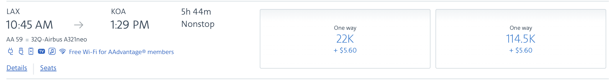 Screenshot of AAdvantage search results