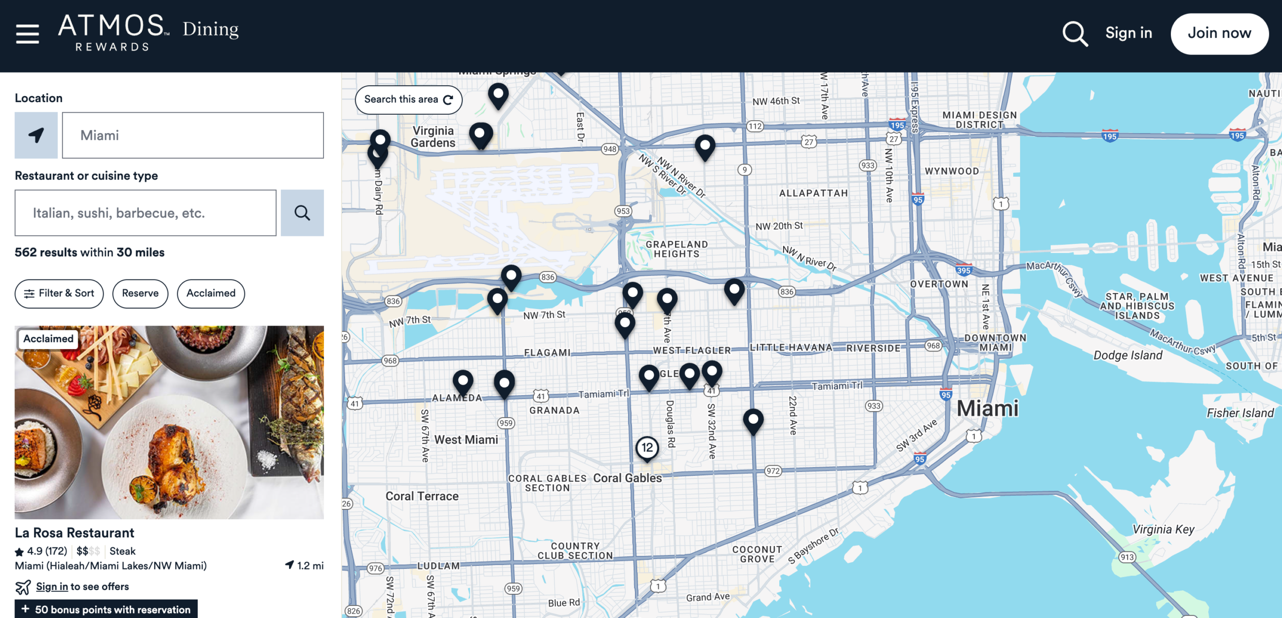 Miami restaurants participating in the Atmos Rewards Dining program.