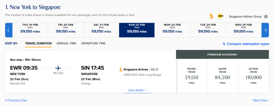 Screenshot of Singapore Airlines Spontaneous Escapes discounted award pricing