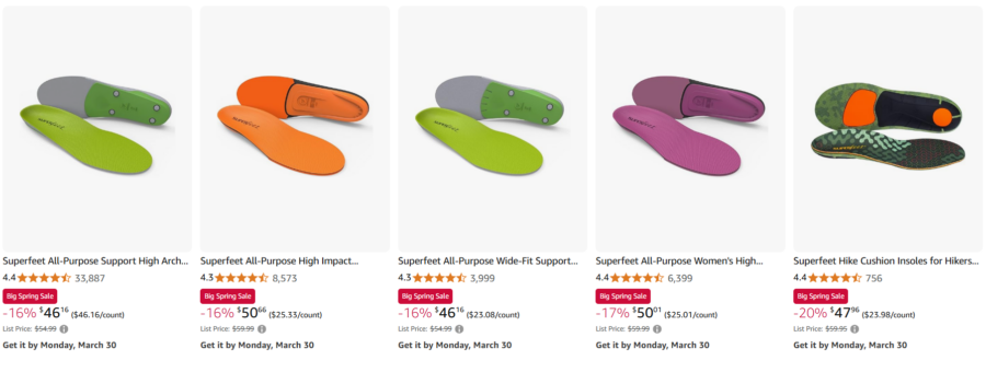 Screenshot of Amazon page with Superfeet insoles on sale