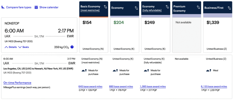United itinerary from LAX to EWR.