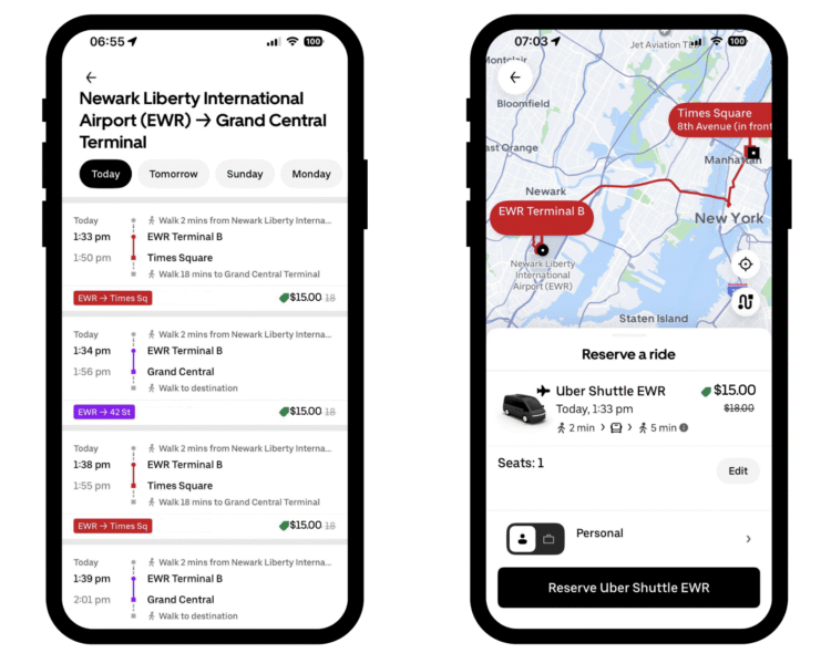 Uber Shuttle routes from EWR as seen from the app.