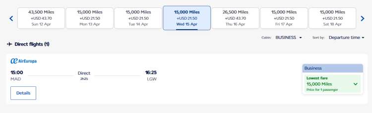 Screenshot of award availability on Air Europa booked through Air France