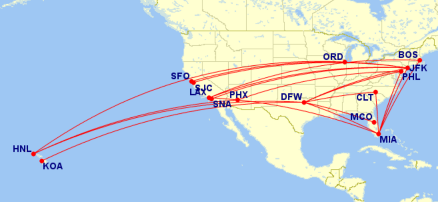 Map of all domestic routes where American Airlines is flying lie-flat seats in February 2026
