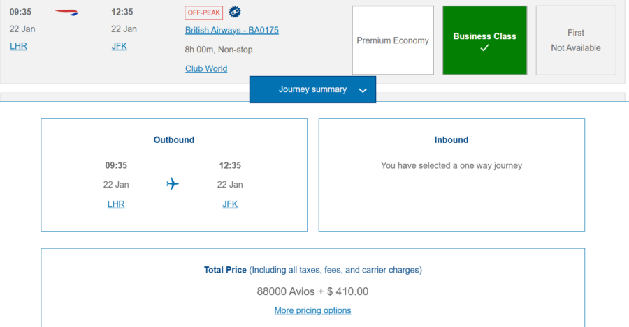London to New York business class