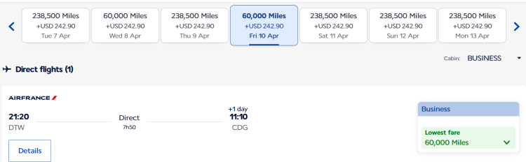 Award flight from DTW to CDG on Air France for 60K in Business Class