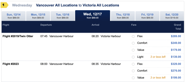 Harbour Air fares.
