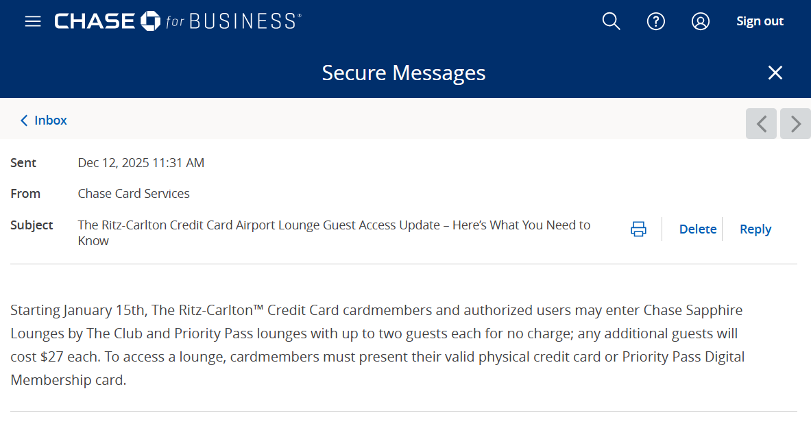 Screenshot of a secure message from Chase regarding the lounge guest access update.