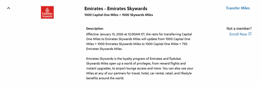 Capital One Miles to Emirates devaluation effective January 13, 2026