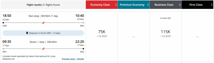 Aeroplan stopover award for ORD to ZNZ via ZRH.