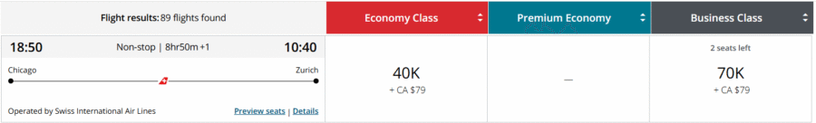 Chicago to Zurich booked with Air Canada