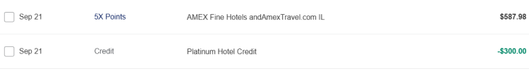 A screenshot of the platinum hotel credit that appears on a statement. 