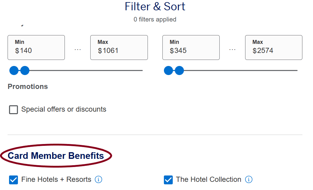 A screenshot from AMEX shows the options to filter hotel searches.