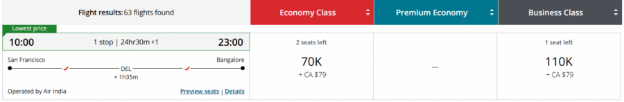 Aeroplan award from SFO to BLR.