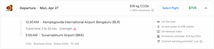 Paid fare from BLR to BKK to show business class seat on THAI.